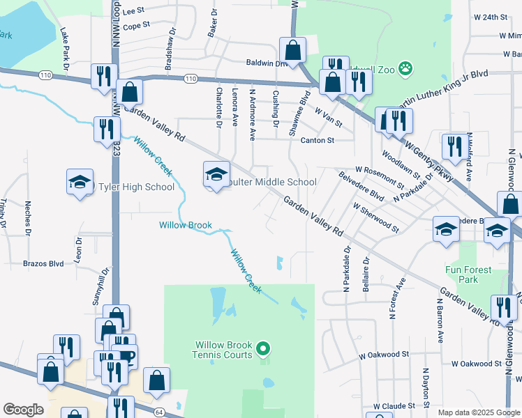 map of restaurants, bars, coffee shops, grocery stores, and more near 895 McKay Street in Tyler