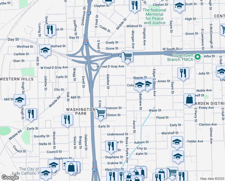 map of restaurants, bars, coffee shops, grocery stores, and more near Cleveland Court in Montgomery