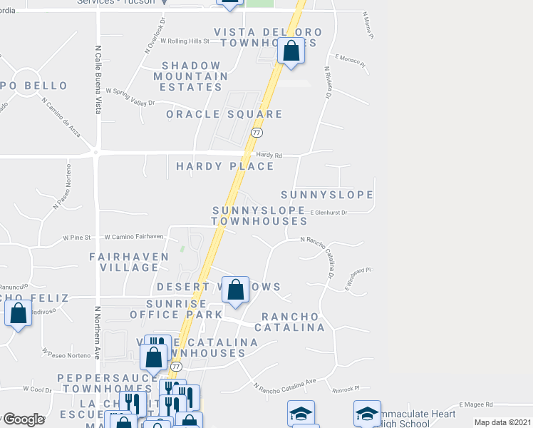 map of restaurants, bars, coffee shops, grocery stores, and more near 260 East Calle Turquesa in Oro Valley