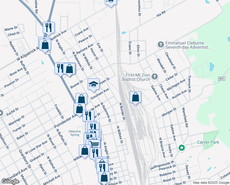 map of restaurants, bars, coffee shops, grocery stores, and more near 600 Gresham Avenue in Cleburne