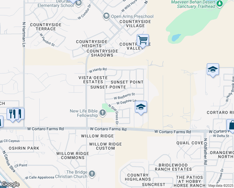 map of restaurants, bars, coffee shops, grocery stores, and more near 4805 West Bluebell Way in Tucson