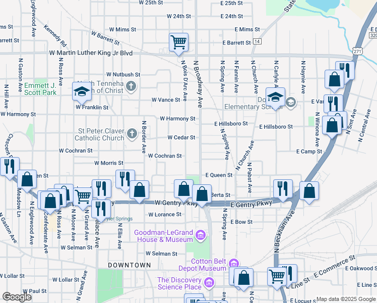 map of restaurants, bars, coffee shops, grocery stores, and more near 1315 North Bois D Arc Avenue in Tyler