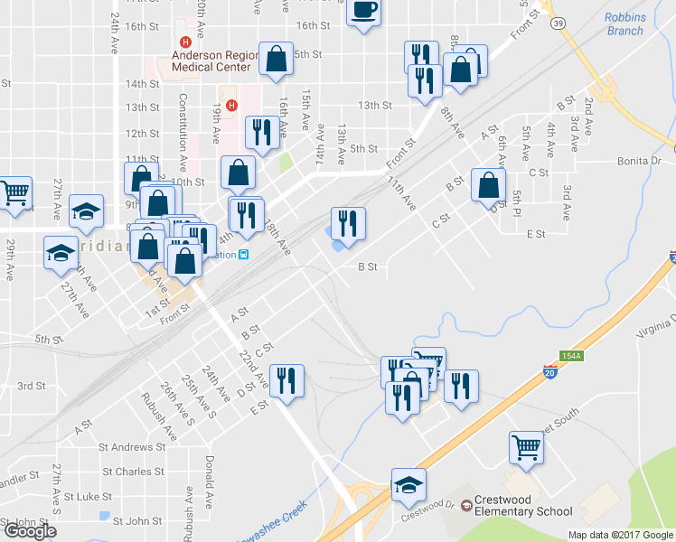 map of restaurants, bars, coffee shops, grocery stores, and more near 17th Ave & B St in Meridian