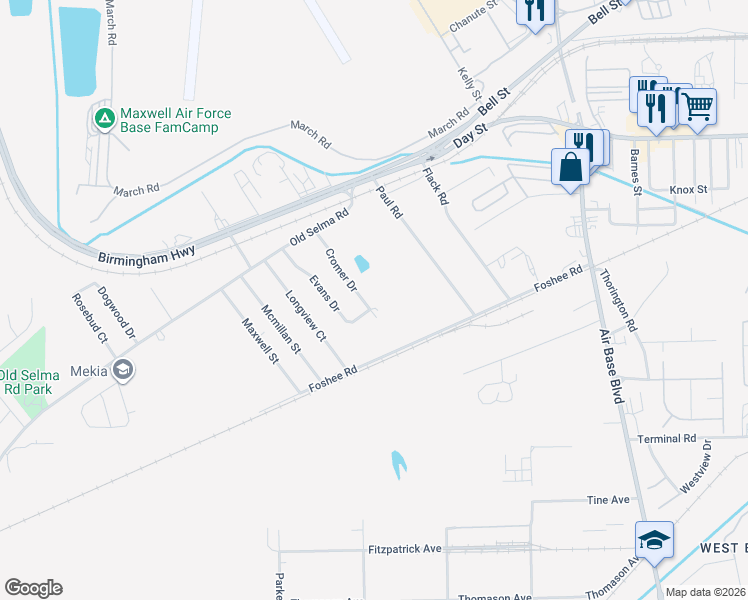 map of restaurants, bars, coffee shops, grocery stores, and more near 61 Cromer Drive in Montgomery