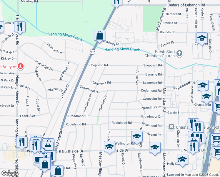 map of restaurants, bars, coffee shops, grocery stores, and more near 324 Lawrence Road in Jackson