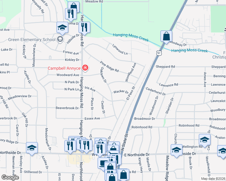 map of restaurants, bars, coffee shops, grocery stores, and more near 159 Woodsia Lane in Jackson