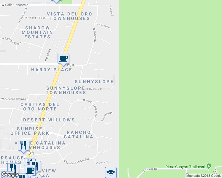 map of restaurants, bars, coffee shops, grocery stores, and more near 8621 North Glenhurst Place in Oro Valley