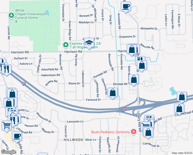 map of restaurants, bars, coffee shops, grocery stores, and more near 1163 Cottondale Road in Montgomery