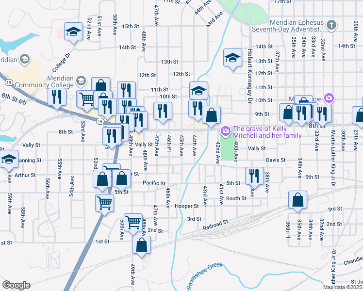 map of restaurants, bars, coffee shops, grocery stores, and more near 707 45th Ave in Meridian