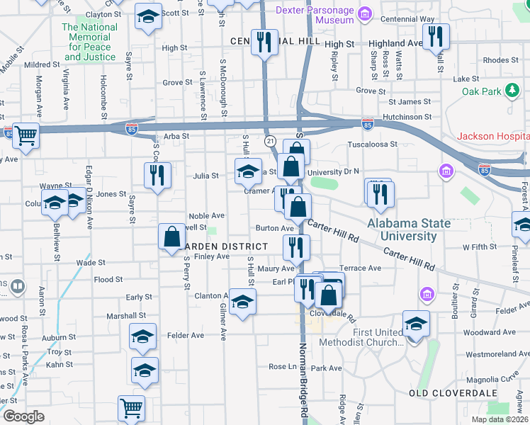 map of restaurants, bars, coffee shops, grocery stores, and more near 430 South Highland Court in Montgomery