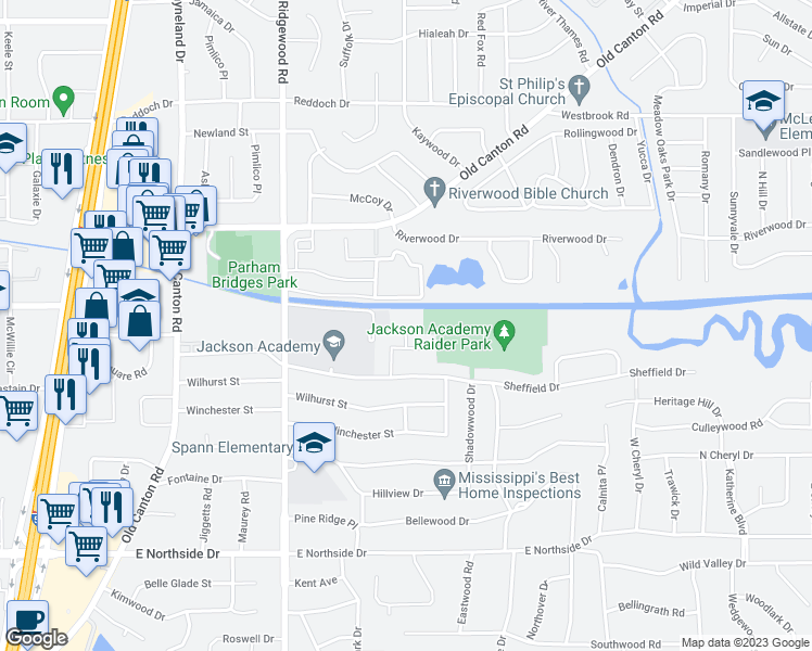 map of restaurants, bars, coffee shops, grocery stores, and more near 1 Sheffield Place in Jackson