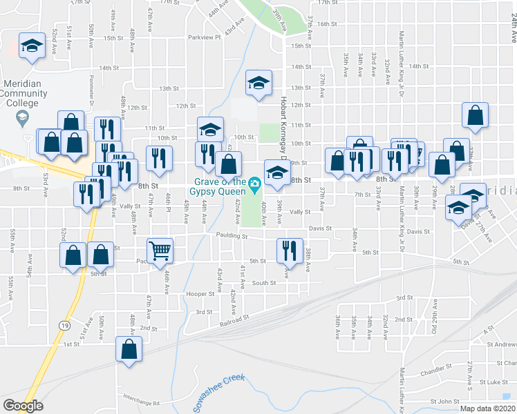 map of restaurants, bars, coffee shops, grocery stores, and more near 625 40th Avenue in Meridian