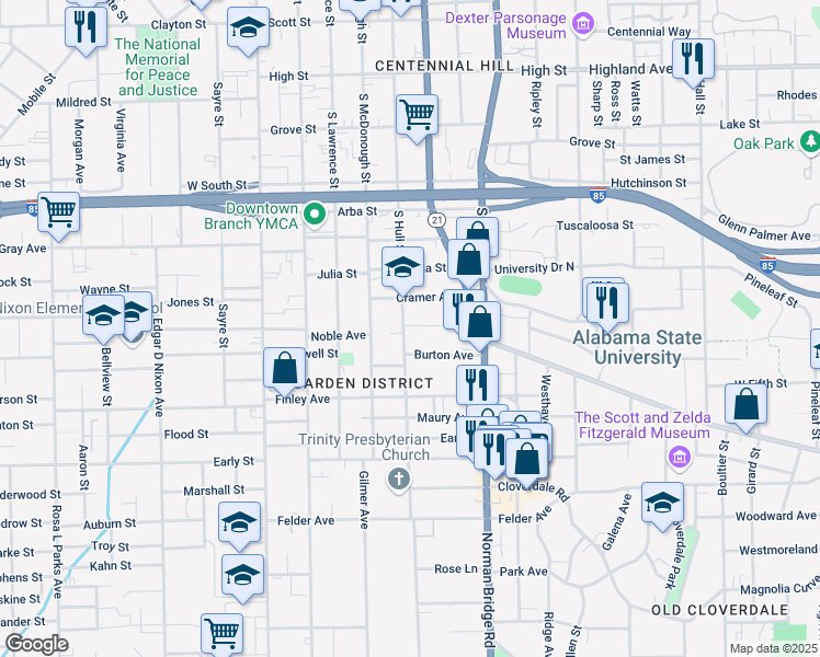 map of restaurants, bars, coffee shops, grocery stores, and more near 1101 South Hull Street in Montgomery