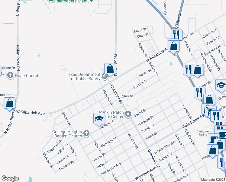 map of restaurants, bars, coffee shops, grocery stores, and more near 602 Rose Avenue in Cleburne