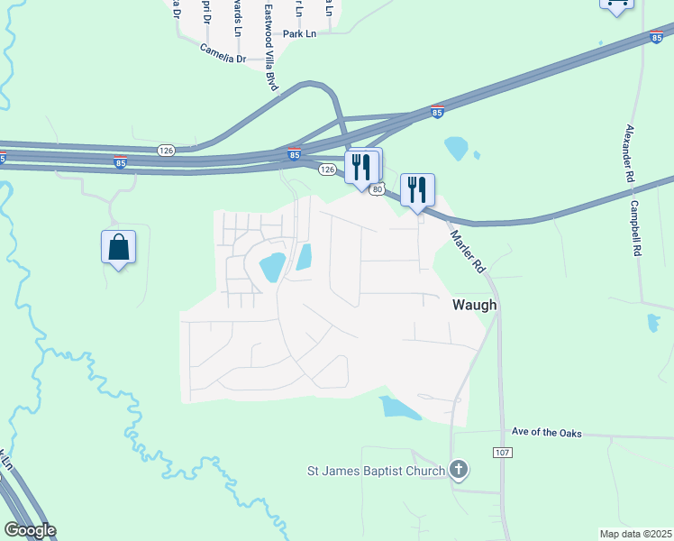 map of restaurants, bars, coffee shops, grocery stores, and more near 221 Elm Drive in Montgomery