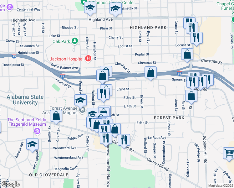 map of restaurants, bars, coffee shops, grocery stores, and more near 1601 West Street in Montgomery