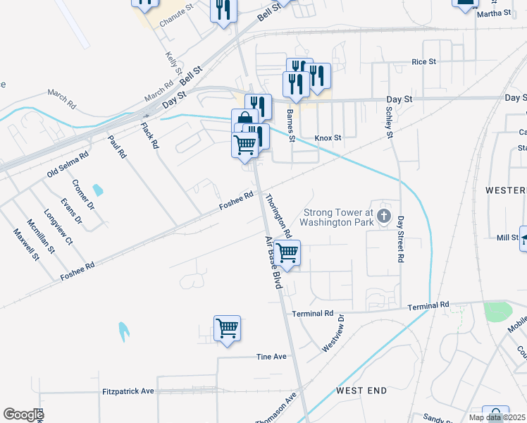 map of restaurants, bars, coffee shops, grocery stores, and more near 520 Air Base Boulevard in Montgomery