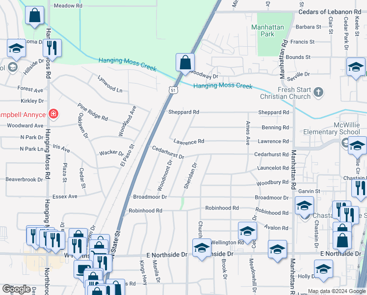 map of restaurants, bars, coffee shops, grocery stores, and more near 4918 Woodmont Drive in Jackson