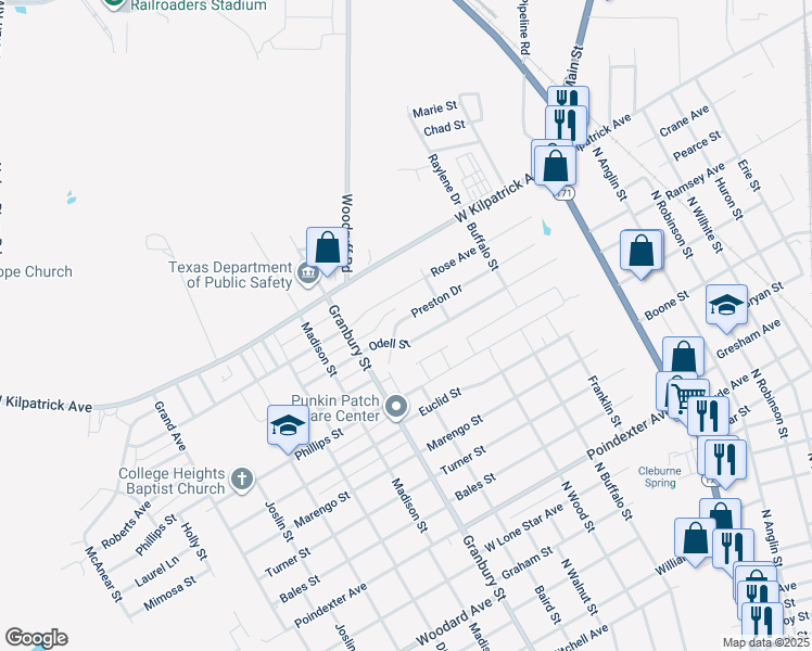 map of restaurants, bars, coffee shops, grocery stores, and more near 418 Preston Drive in Cleburne