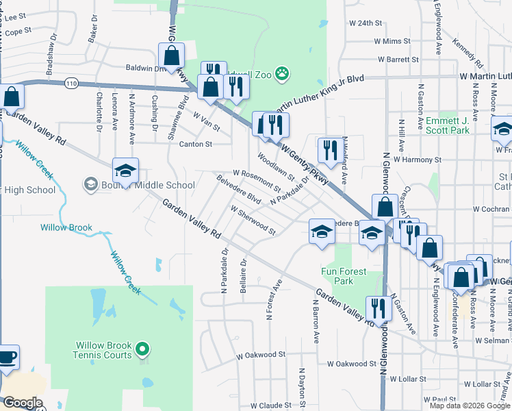 map of restaurants, bars, coffee shops, grocery stores, and more near 2317 Belvedere Boulevard in Tyler