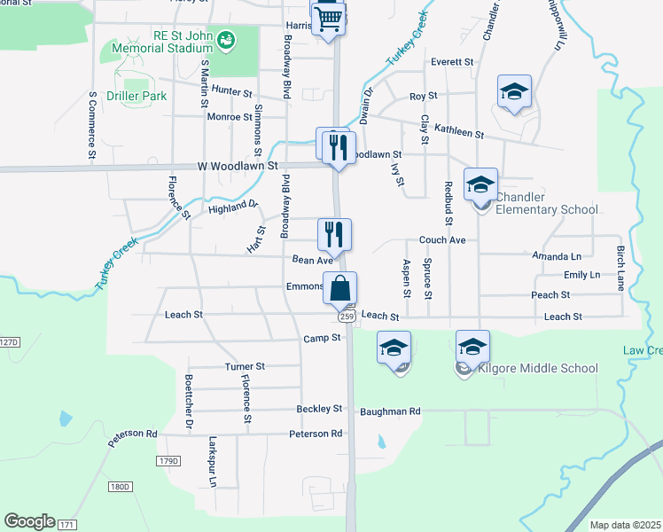 map of restaurants, bars, coffee shops, grocery stores, and more near 2600-2698 South Henderson Boulevard in Kilgore