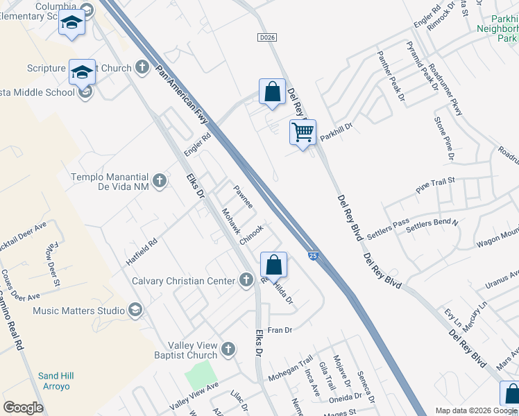 map of restaurants, bars, coffee shops, grocery stores, and more near 309 Pawnee in Las Cruces