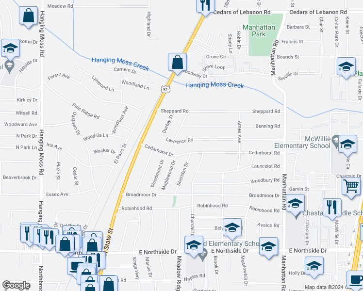 map of restaurants, bars, coffee shops, grocery stores, and more near 304 Lawrence Road in Jackson