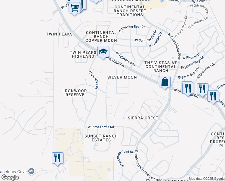 map of restaurants, bars, coffee shops, grocery stores, and more near 7817 West Sourwood Court in Tucson