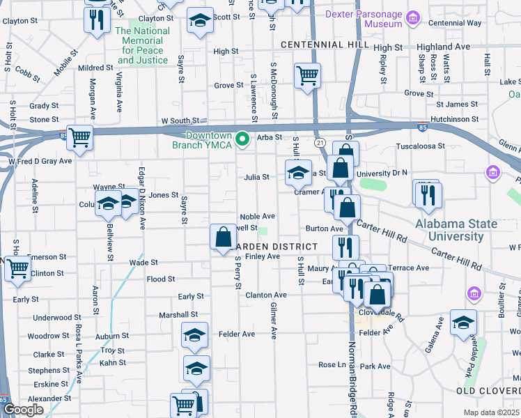 map of restaurants, bars, coffee shops, grocery stores, and more near 955 South Lawrence Street in Montgomery