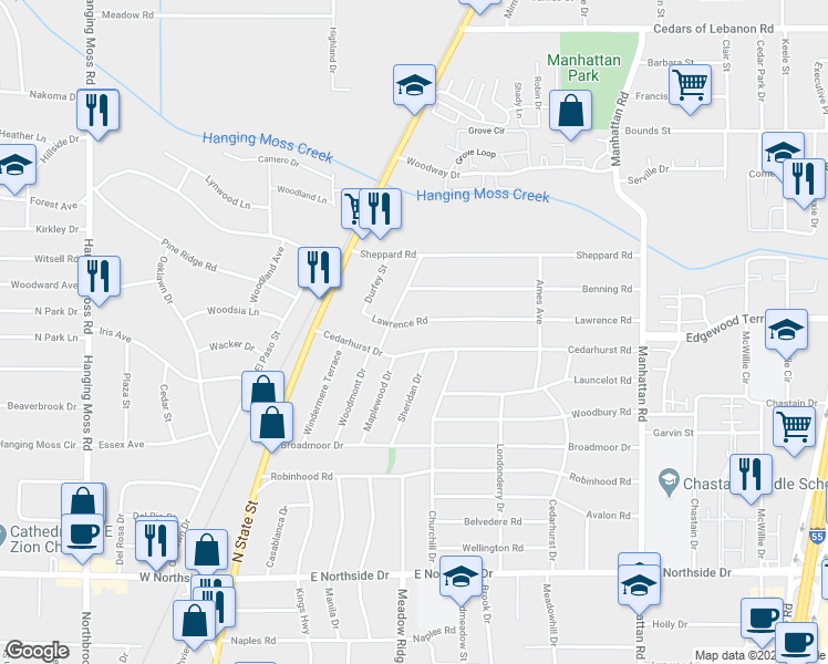 map of restaurants, bars, coffee shops, grocery stores, and more near 324 Lawrence Road in Jackson