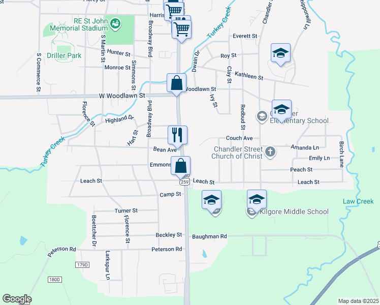 map of restaurants, bars, coffee shops, grocery stores, and more near 2600-2698 South Henderson Boulevard in Kilgore