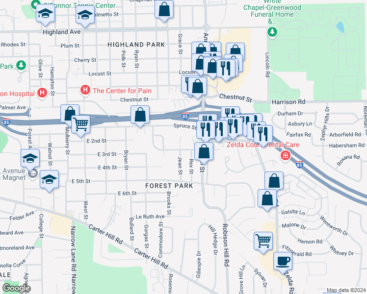 map of restaurants, bars, coffee shops, grocery stores, and more near 2505 East 3rd Street in Montgomery