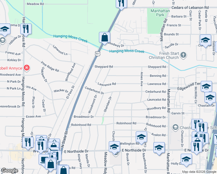 map of restaurants, bars, coffee shops, grocery stores, and more near 324 Lawrence Road in Jackson