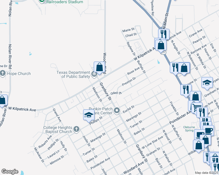 map of restaurants, bars, coffee shops, grocery stores, and more near 602 Rose Avenue in Cleburne