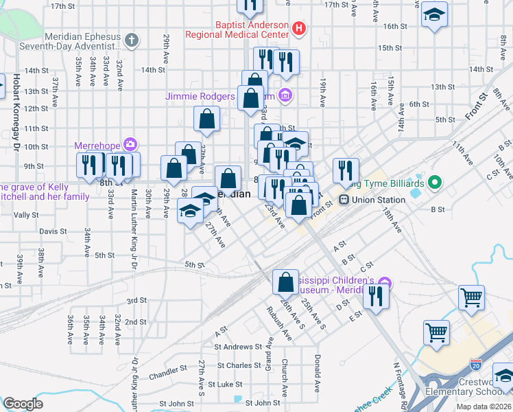 map of restaurants, bars, coffee shops, grocery stores, and more near 601 24th Ave in Meridian