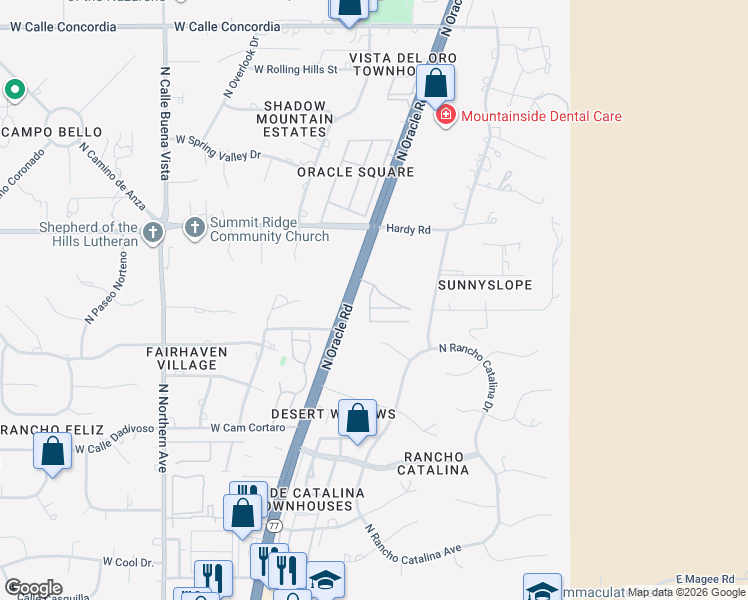 map of restaurants, bars, coffee shops, grocery stores, and more near 8669 North Avenue Amatista in Tucson