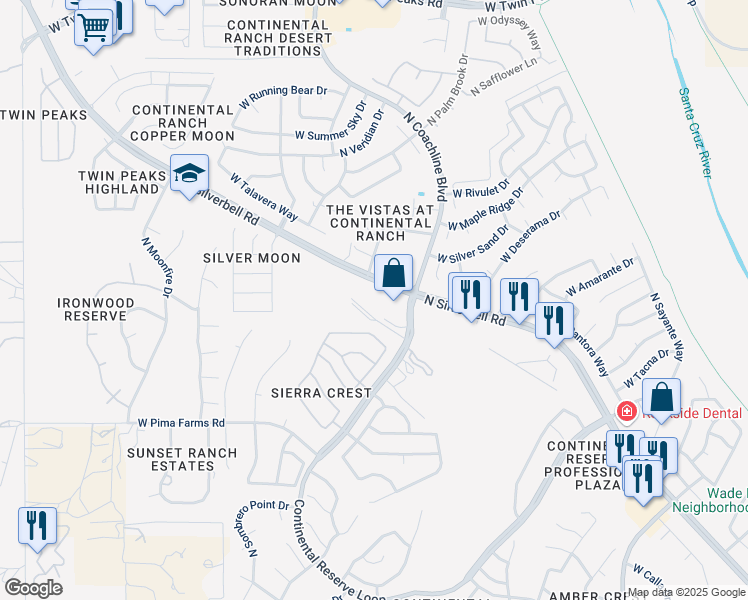 map of restaurants, bars, coffee shops, grocery stores, and more near 8705 North Silver Moon Way in Tucson