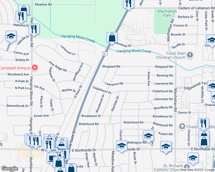 map of restaurants, bars, coffee shops, grocery stores, and more near 304 Lawrence Road in Jackson