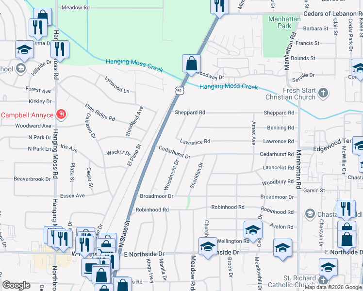 map of restaurants, bars, coffee shops, grocery stores, and more near 304 Lawrence Road in Jackson