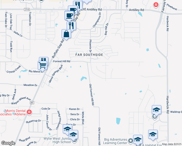 map of restaurants, bars, coffee shops, grocery stores, and more near 6900-7982 Old Forrest Hill Road in Abilene