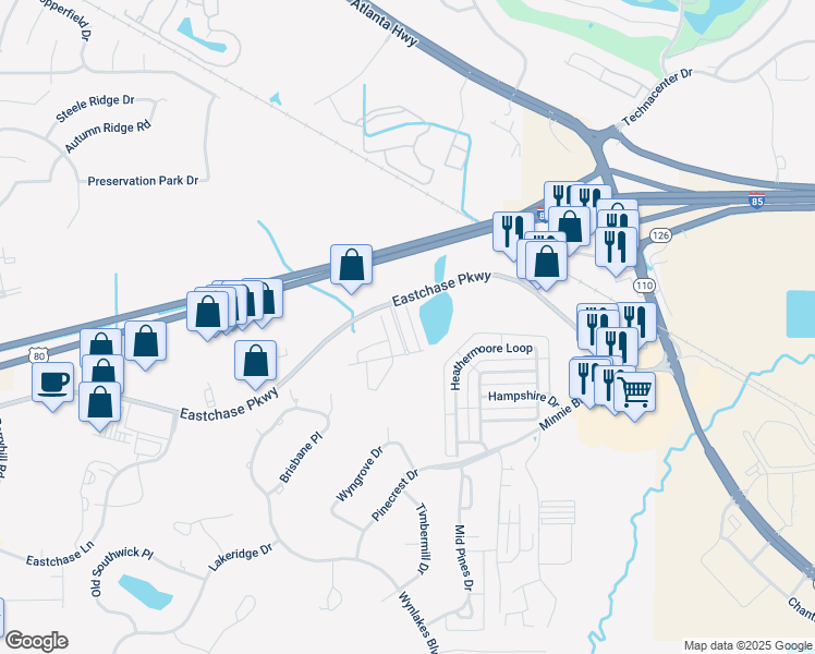 map of restaurants, bars, coffee shops, grocery stores, and more near 8462 Eastchase Parkway in Montgomery
