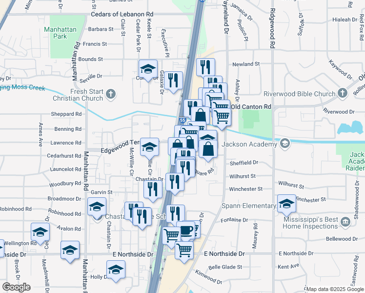 map of restaurants, bars, coffee shops, grocery stores, and more near 4910 Highway 55 North in Jackson