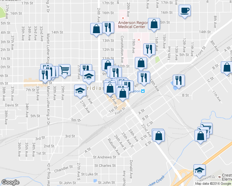 map of restaurants, bars, coffee shops, grocery stores, and more near 2208 5th Street in Meridian