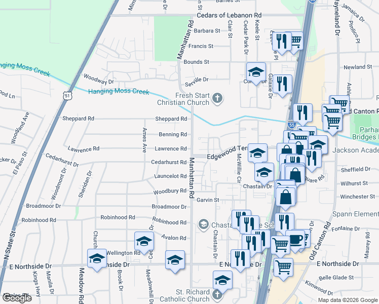 map of restaurants, bars, coffee shops, grocery stores, and more near 857 Lawrence Road in Jackson