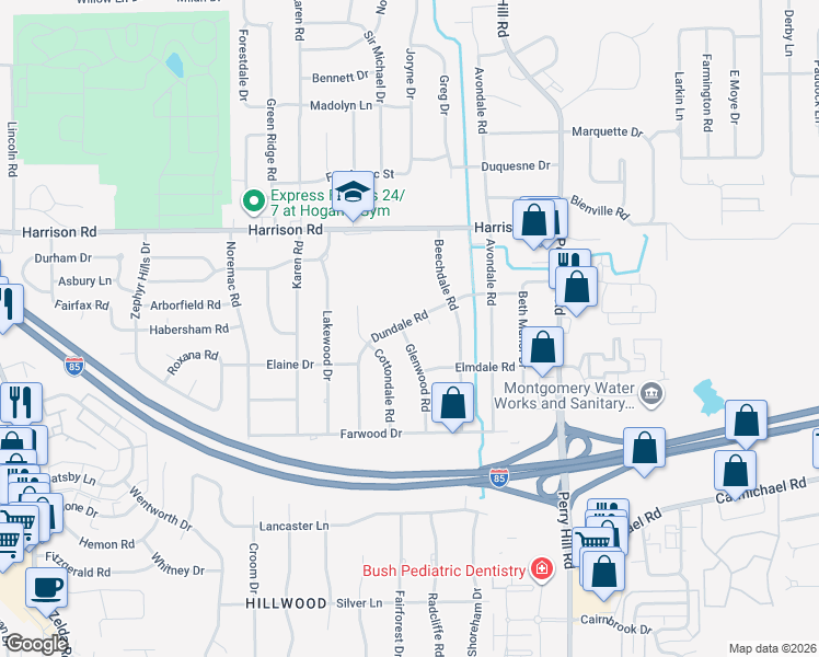 map of restaurants, bars, coffee shops, grocery stores, and more near 3600 Dundale Road in Montgomery