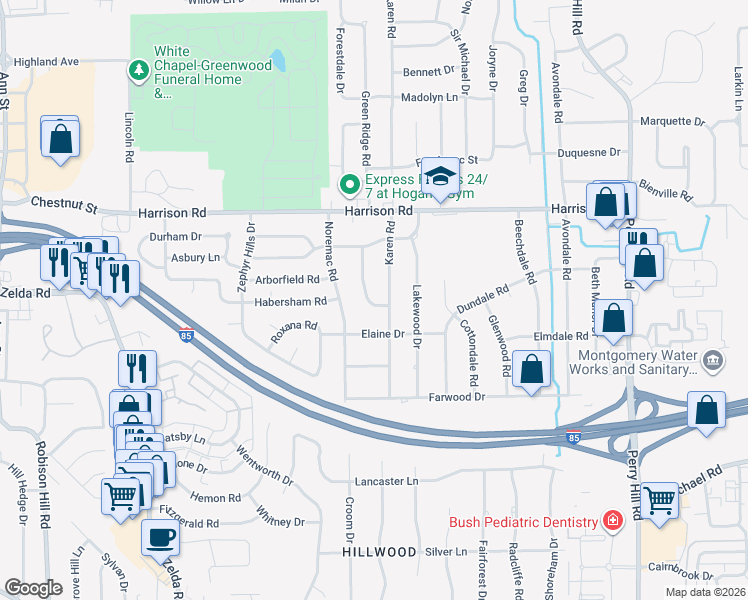 map of restaurants, bars, coffee shops, grocery stores, and more near 1146 Karen Road in Montgomery