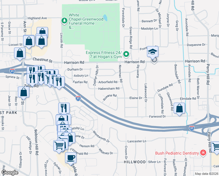 map of restaurants, bars, coffee shops, grocery stores, and more near 3339 Habersham Road in Montgomery