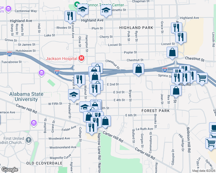 map of restaurants, bars, coffee shops, grocery stores, and more near 1601 West Street in Montgomery