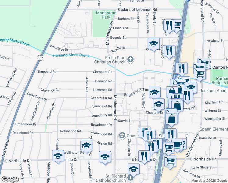 map of restaurants, bars, coffee shops, grocery stores, and more near 857 Lawrence Road in Jackson