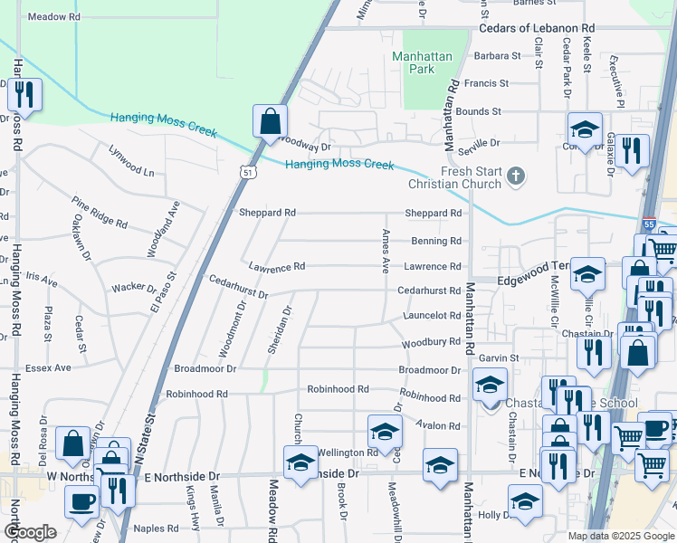 map of restaurants, bars, coffee shops, grocery stores, and more near 417 Lawrence Road in Jackson